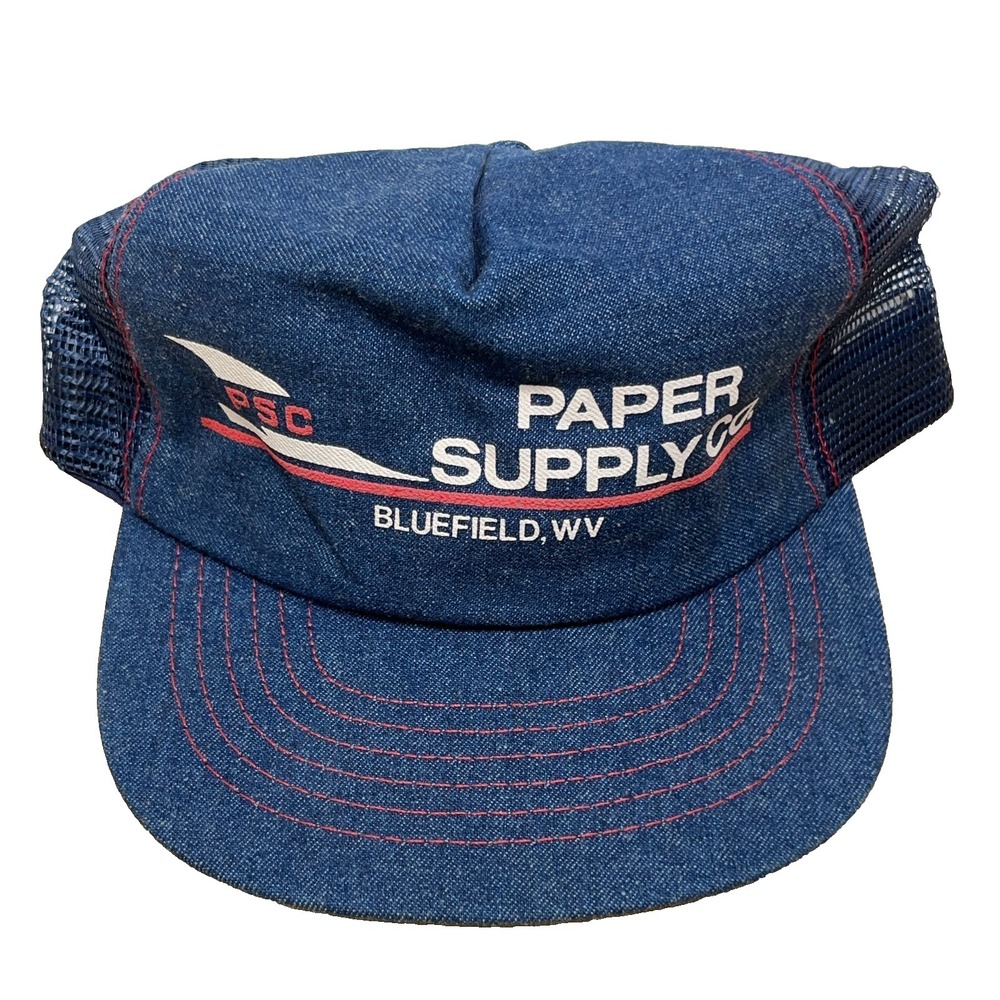 Vintage Denim Trucker Hat Cap Made In USA 80s Mesh Snap Back Paper Supply Blue U
